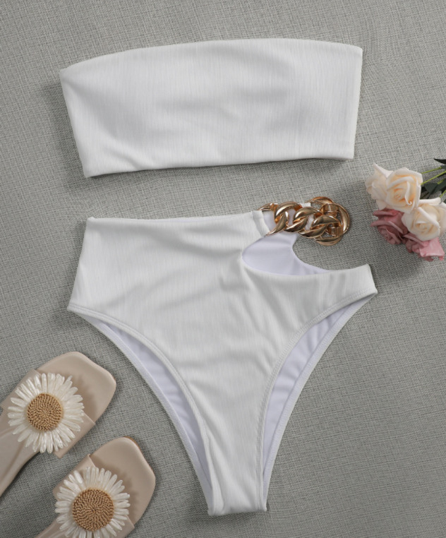 Y2K Aesthetic Ribbed Lettuce Trim Bandeau Bikini Swimwear Y2K Aesthetic Ribbed Lettuce Trim Bandeau Bikini Swimwear