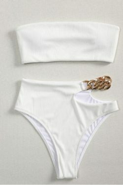 Y2K Aesthetic Ribbed Lettuce Trim Bandeau Bikini Swimwear