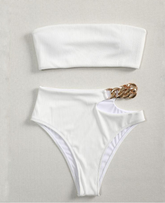 Y2K Aesthetic Ribbed Lettuce Trim Bandeau Bikini Swimwear Y2K Aesthetic Ribbed Lettuce Trim Bandeau Bikini Swimwear