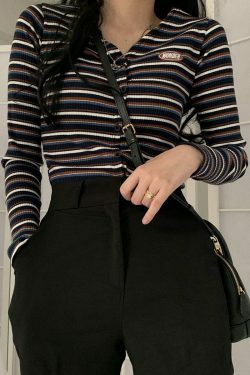 Y2K Aesthetic Ribbed Polo Shirt for Women - Coquette Style Grunge Fashion with Pastel Goth Vibes