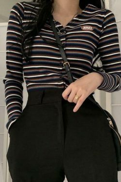 Y2K Aesthetic Ribbed Polo Shirt for Women - Coquette Style Grunge Fashion with Pastel Goth Vibes