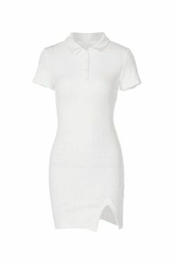 Y2K Aesthetic Ribbed Short Sleeve Slit Mini Dress for Women - Coquette & Grunge Style Fashion
