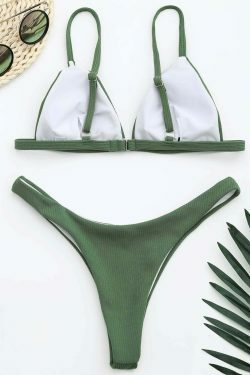 Y2K Aesthetic Ribbed Texture High Cut Thong Bikini for Women - Coquette Style Grunge Fashion