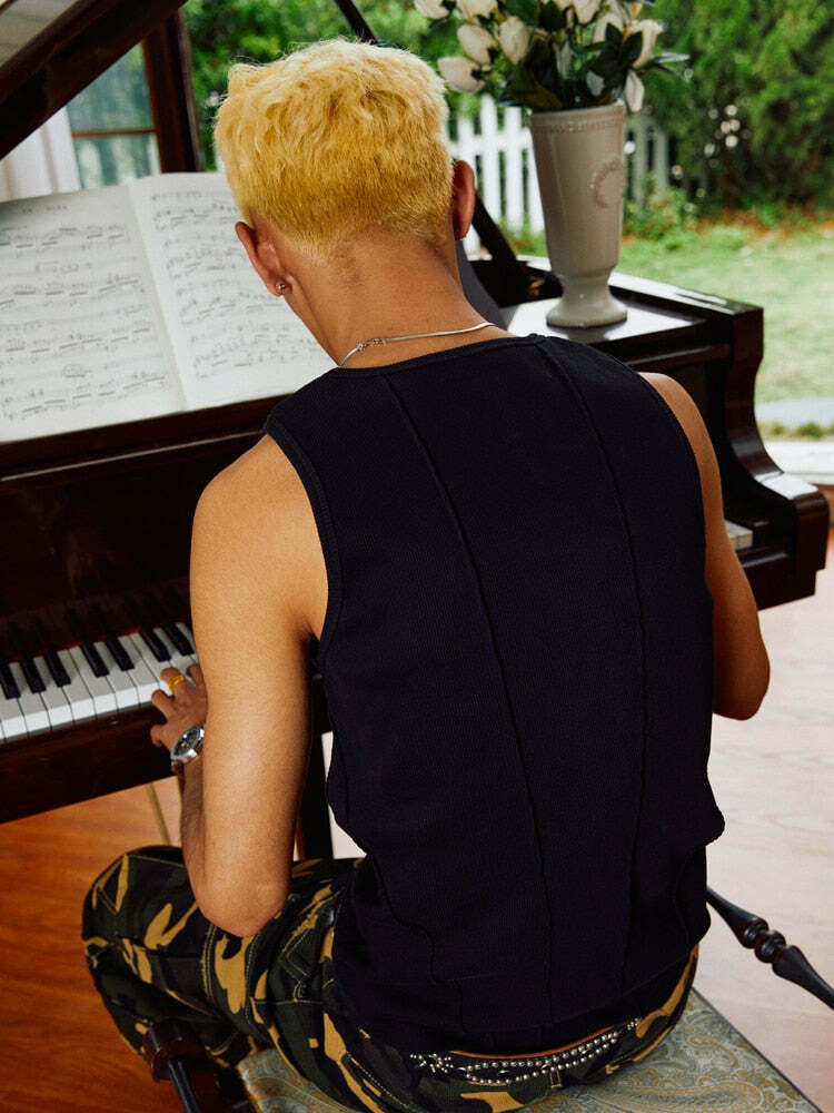 Y2K Aesthetic Ribbed Vest with Seam Detail - Coquette Style Grunge Fashion for Women Y2K Aesthetic Ribbed Vest with Seam Detail - Coquette Style Grunge Fashion for Women