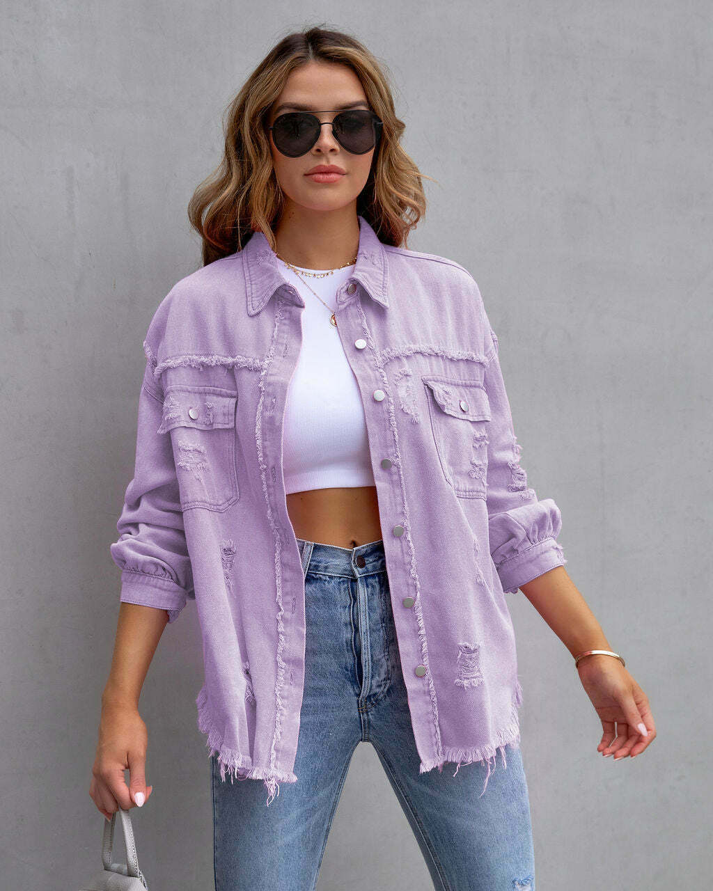 Y2K Aesthetic Ripped Denim Casual Shirt Jacket for Women - Coquette Style Grunge Fashion with Pastel