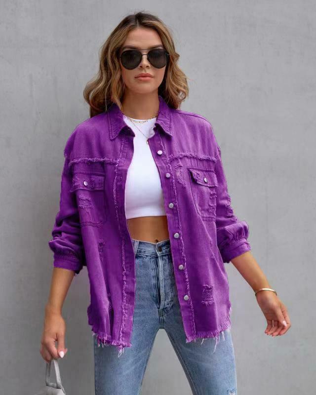 Y2K Aesthetic Ripped Denim Casual Shirt Jacket for Women - Coquette Style Grunge Fashion with Pastel