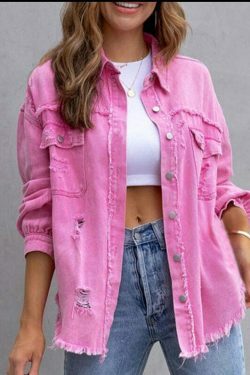 Y2K Aesthetic Ripped Denim Casual Shirt Jacket for Women - Coquette Style Grunge Fashion with Pastel