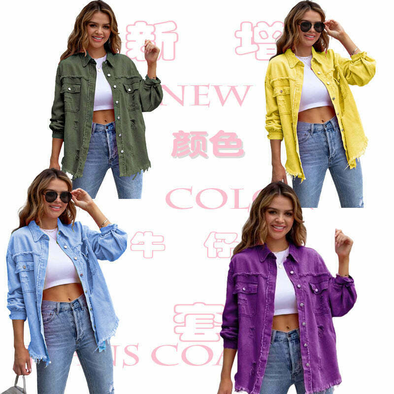 Y2K Aesthetic Ripped Denim Casual Shirt Jacket for Women - Coquette Style Grunge Fashion with Pastel