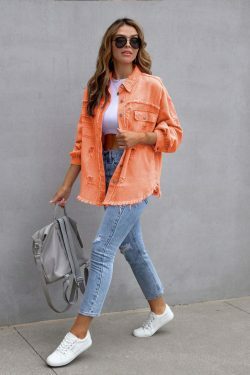 Y2K Aesthetic Ripped Denim Casual Shirt Jacket for Women - Coquette Style Grunge Fashion with Pastel
