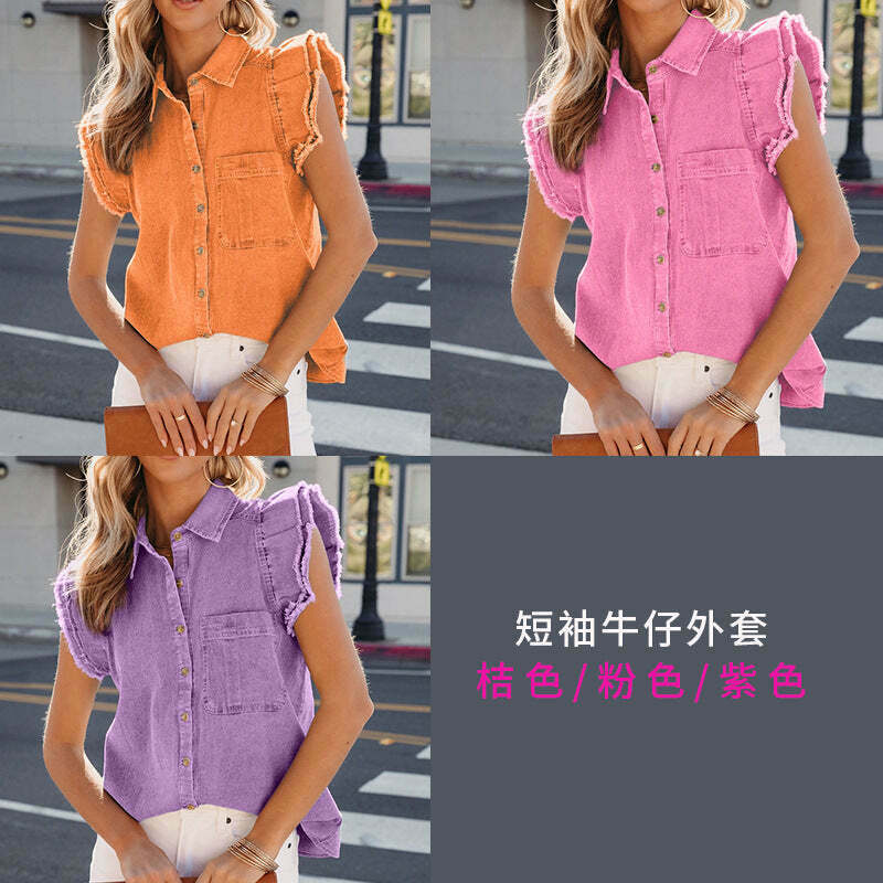 Y2K Aesthetic Ripped Denim Casual Shirt Jacket for Women - Coquette Style Grunge Fashion with Pastel