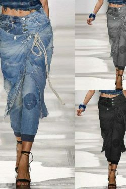 Y2K Aesthetic Ripped Lace-up Threaded Jeans - Coquette Grunge Style Cargo Skirt Outfit