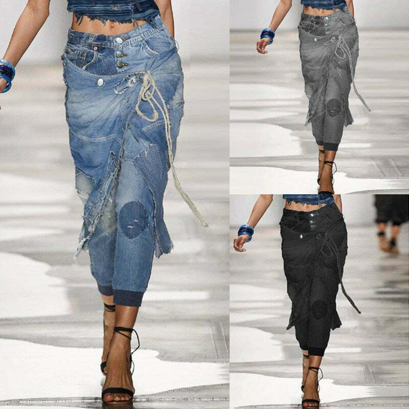 Y2K Aesthetic Ripped Lace-up Threaded Jeans - Coquette Grunge Style Cargo Skirt Outfit Y2K Aesthetic Ripped Lace-up Threaded Jeans - Coquette Grunge Style Cargo Skirt Outfit