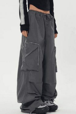 Y2K Aesthetic Ruched Cargo Pants with Zip Pocket - Coquette Grunge Style for Women
