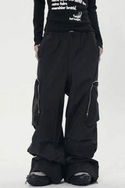 Y2K Aesthetic Ruched Cargo Pants with Zip Pocket - Coquette Grunge Style for Women