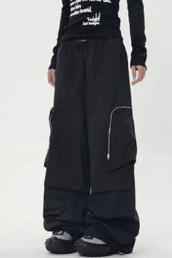 Y2K Aesthetic Ruched Cargo Pants with Zip Pocket - Coquette Grunge Style for Women