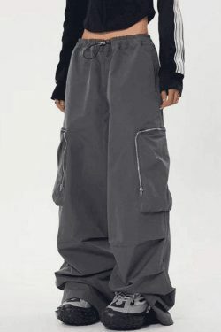 Y2K Aesthetic Ruched Cargo Pants with Zip Pocket - Coquette Grunge Style for Women