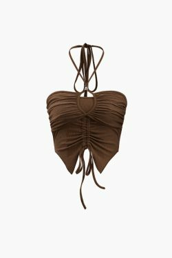 Y2K Aesthetic Ruched Drawstring Halter Neck Cami Top for Women - Coquette Style Grunge Fashion