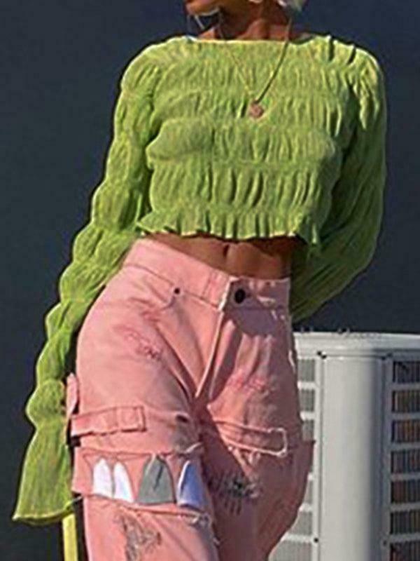 Y2K Aesthetic Ruched Flared Long Sleeve Tee for Women - Coquette & Grunge Style Fashion Y2K Aesthetic Ruched Flared Long Sleeve Tee for Women - Coquette & Grunge Style Fashion