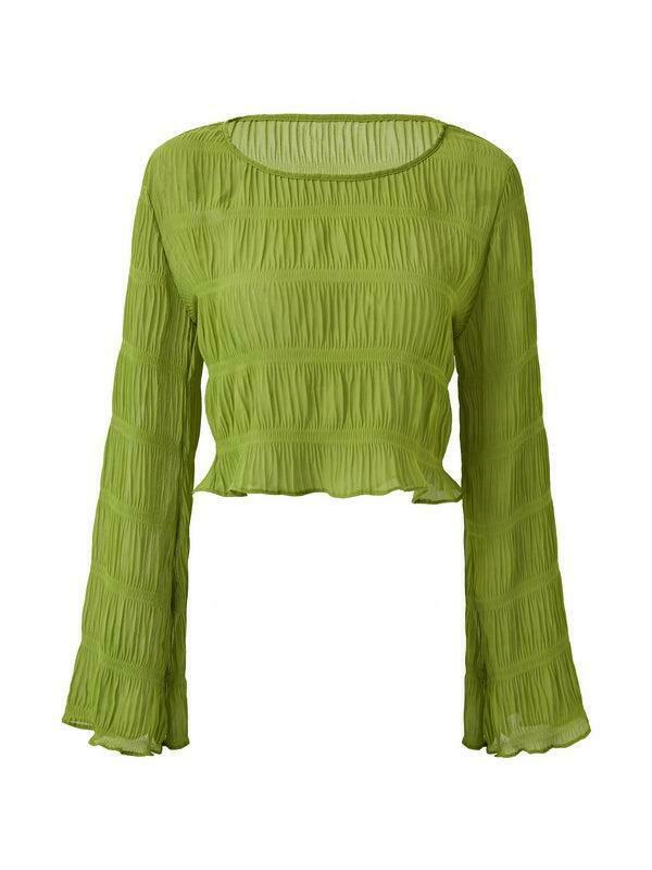 Y2K Aesthetic Ruched Flared Long Sleeve Tee for Women - Coquette & Grunge Style Fashion Y2K Aesthetic Ruched Flared Long Sleeve Tee for Women - Coquette & Grunge Style Fashion