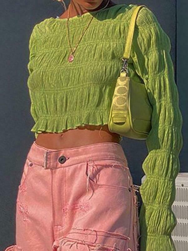 Y2K Aesthetic Ruched Flared Long Sleeve Tee for Women - Coquette & Grunge Style Fashion Y2K Aesthetic Ruched Flared Long Sleeve Tee for Women - Coquette & Grunge Style Fashion