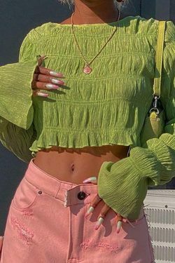 Y2K Aesthetic Ruched Flared Long Sleeve Tee for Women - Coquette & Grunge Style Fashion