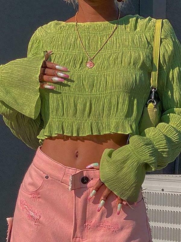 Y2K Aesthetic Ruched Flared Long Sleeve Tee for Women - Coquette & Grunge Style Fashion Y2K Aesthetic Ruched Flared Long Sleeve Tee for Women - Coquette & Grunge Style Fashion