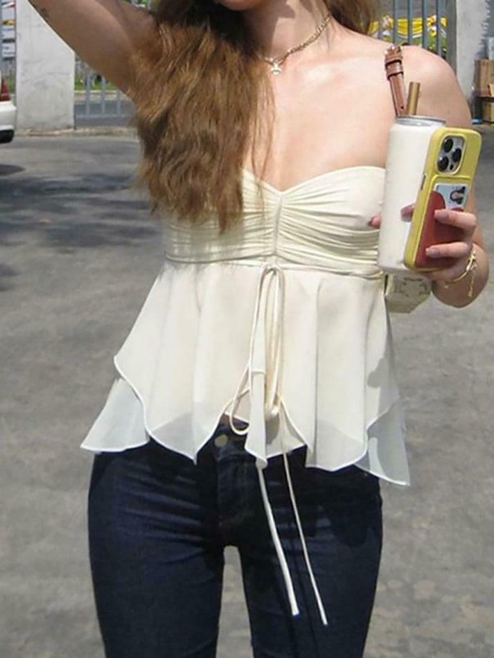 Y2K Aesthetic Ruched Tie-Front Tube Top for Women - Coquette Style Grunge Fashion Y2K Aesthetic Ruched Tie-Front Tube Top for Women - Coquette Style Grunge Fashion