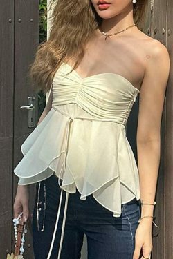 Y2K Aesthetic Ruched Tie-Front Tube Top for Women - Coquette Style Grunge Fashion