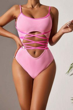 Y2K Aesthetic Sexy Contrast Sling Backless Hollow One-Piece Swimsuit