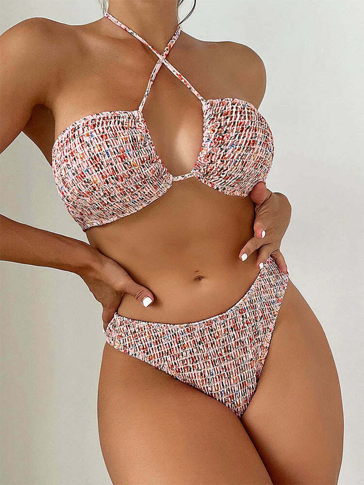 Y2K Aesthetic Sexy Print Pleats Strap Bikini for Niche Women Fashion