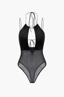 Y2K Aesthetic Sheer Mesh Strappy Cut Out Bodysuit for Women - Coquette & Grunge Style Fashion