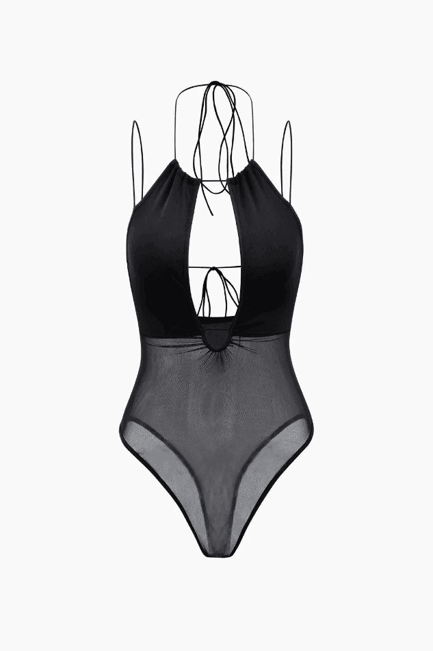 Y2K Aesthetic Sheer Mesh Strappy Cut Out Bodysuit for Women - Coquette & Grunge Style Fashion Y2K Aesthetic Sheer Mesh Strappy Cut Out Bodysuit for Women - Coquette & Grunge Style Fashion