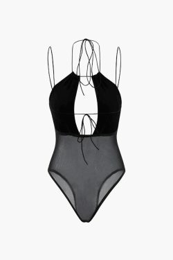 Y2K Aesthetic Sheer Mesh Strappy Cut Out Bodysuit for Women - Coquette & Grunge Style Fashion