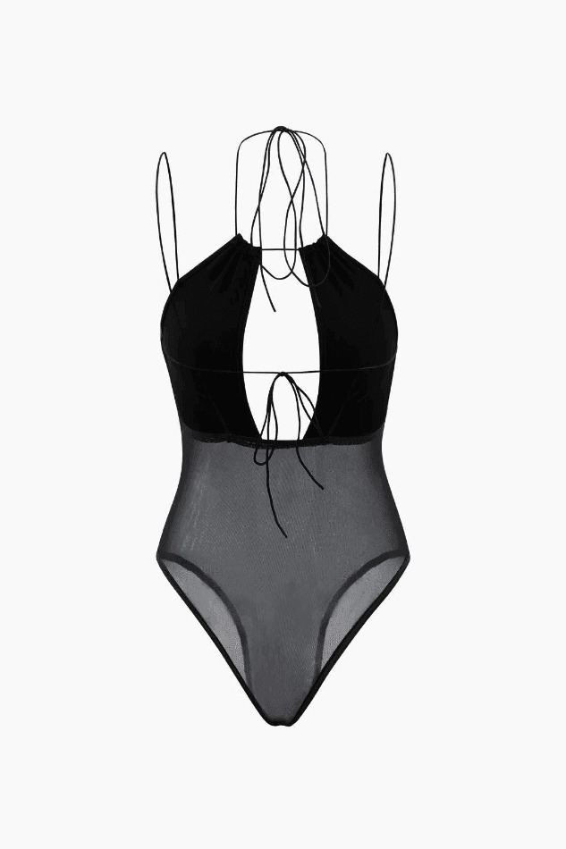 Y2K Aesthetic Sheer Mesh Strappy Cut Out Bodysuit for Women - Coquette & Grunge Style Fashion Y2K Aesthetic Sheer Mesh Strappy Cut Out Bodysuit for Women - Coquette & Grunge Style Fashion