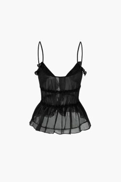 Y2K Aesthetic Sheer Ruffle Cami Top with Tie Front - Coquette Style Grunge Fashion for Women