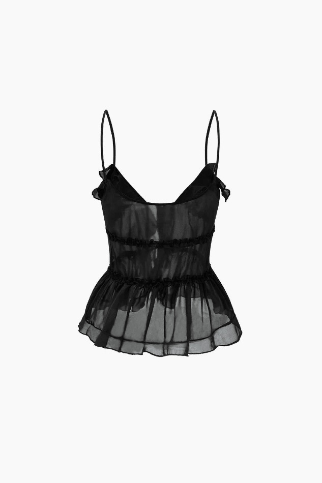 Y2K Aesthetic Sheer Ruffle Cami Top with Tie Front - Coquette Style Grunge Fashion for Women Y2K Aesthetic Sheer Ruffle Cami Top with Tie Front - Coquette Style Grunge Fashion for Women