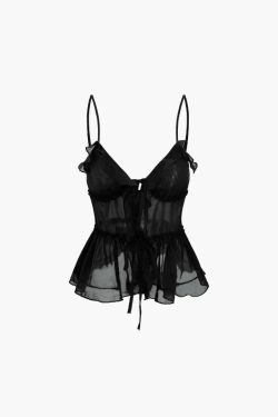 Y2K Aesthetic Sheer Ruffle Cami Top with Tie Front - Coquette Style Grunge Fashion for Women