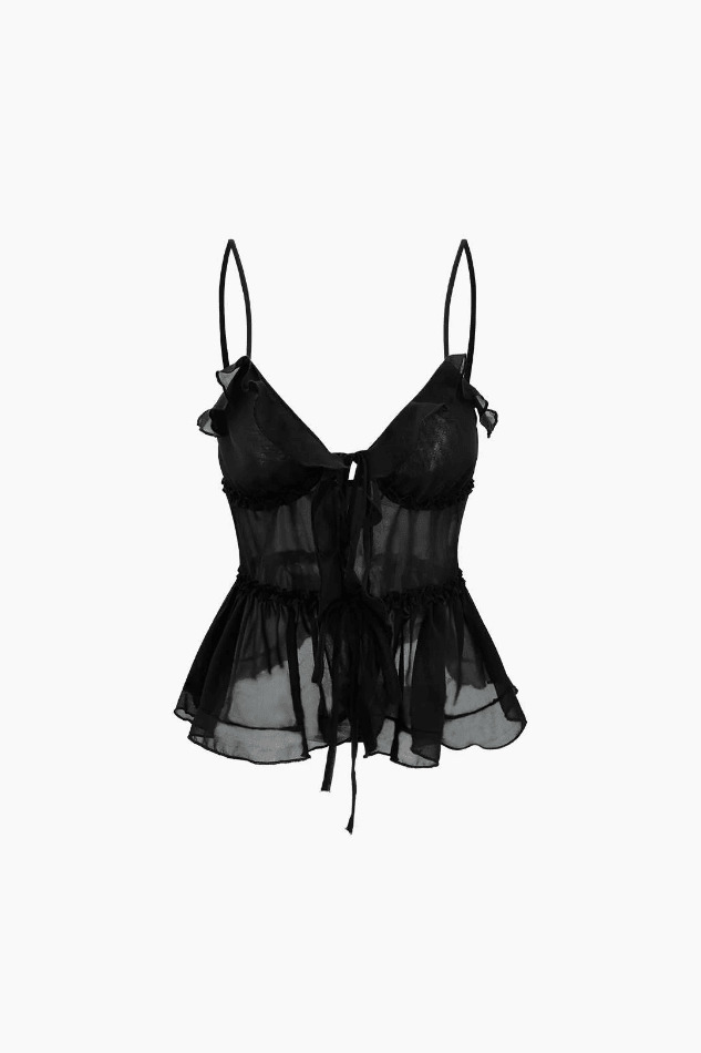 Y2K Aesthetic Sheer Ruffle Cami Top with Tie Front - Coquette Style Grunge Fashion for Women Y2K Aesthetic Sheer Ruffle Cami Top with Tie Front - Coquette Style Grunge Fashion for Women