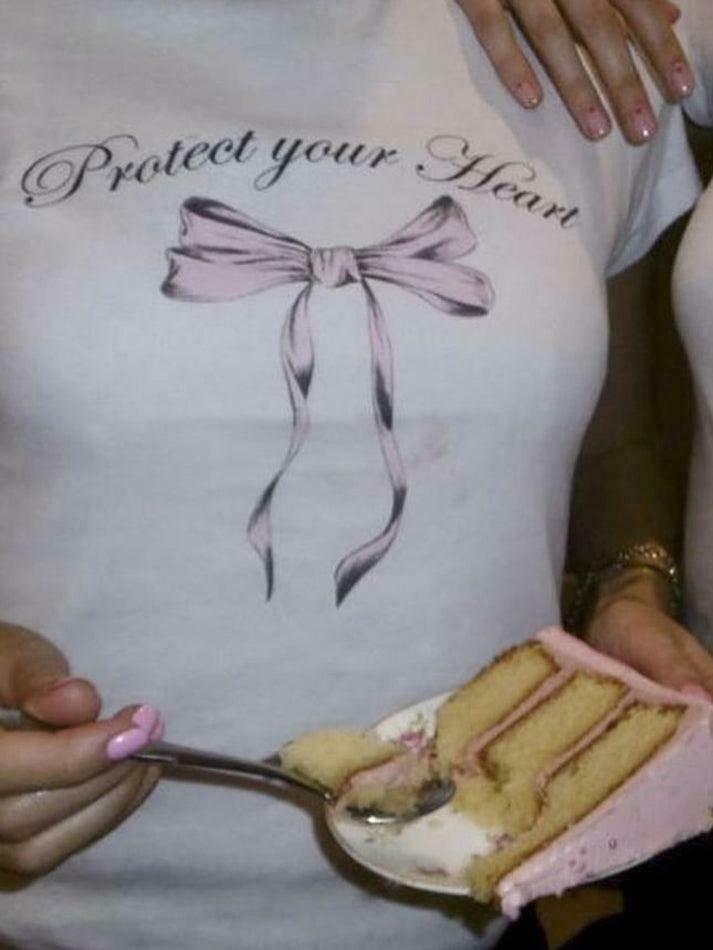 Y2K Aesthetic Short Sleeve Crop Tee with Lettering & Bow Print Y2K Aesthetic Short Sleeve Crop Tee with Lettering & Bow Print