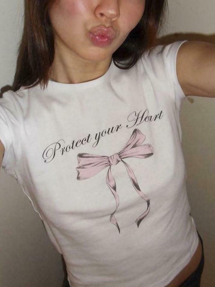 Y2K Aesthetic Short Sleeve Crop Tee with Lettering & Bow Print Y2K Aesthetic Short Sleeve Crop Tee with Lettering & Bow Print