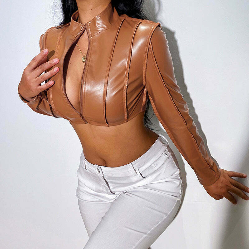 Y2K Aesthetic Short Zipper PU Leather Jacket - Coquette Grunge Style Women's Fashion