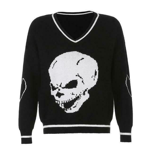 Y2K Aesthetic Skull Knit Sweaters for Women - Coquette & Grunge Style Fashion Tops Y2K Aesthetic Skull Knit Sweaters for Women - Coquette & Grunge Style Fashion Tops