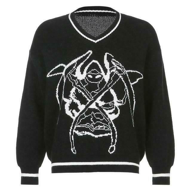 Y2K Aesthetic Skull Knit Sweaters for Women - Coquette & Grunge Style Fashion Tops Y2K Aesthetic Skull Knit Sweaters for Women - Coquette & Grunge Style Fashion Tops