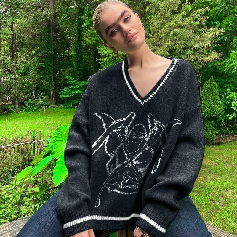 Y2K Aesthetic Skull Knit Sweaters for Women - Coquette & Grunge Style Fashion Tops Y2K Aesthetic Skull Knit Sweaters for Women - Coquette & Grunge Style Fashion Tops