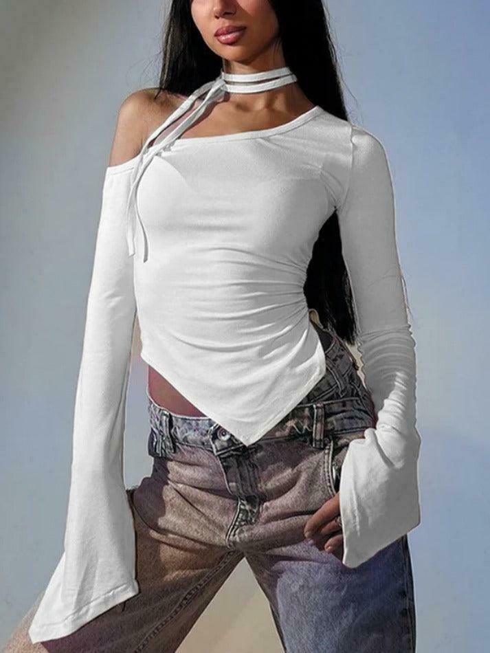 Y2K Aesthetic Slanted Neck Ruched Irregular Hem Long Sleeve Tee - Coquette Fashion Y2K Aesthetic Slanted Neck Ruched Irregular Hem Long Sleeve Tee - Coquette Fashion