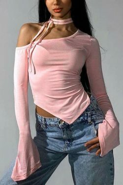 Y2K Aesthetic Slanted Neck Ruched Irregular Hem Long Sleeve Tee - Coquette Fashion