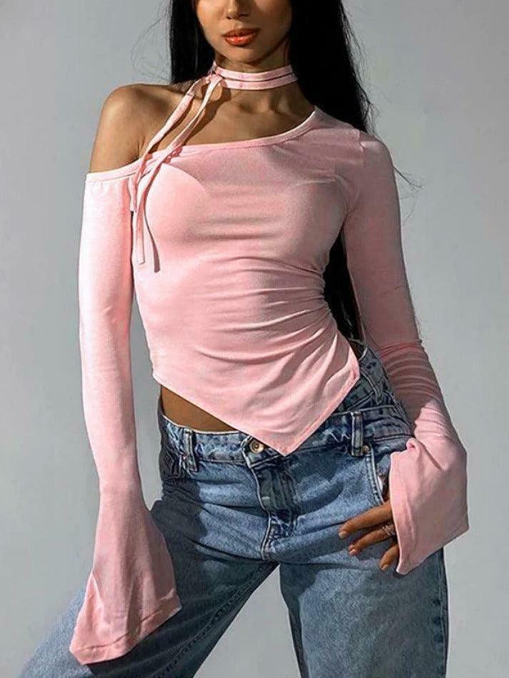 Y2K Aesthetic Slanted Neck Ruched Irregular Hem Long Sleeve Tee - Coquette Fashion Y2K Aesthetic Slanted Neck Ruched Irregular Hem Long Sleeve Tee - Coquette Fashion