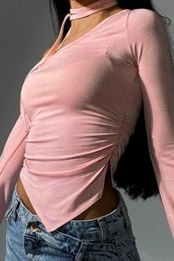 Y2K Aesthetic Slanted Neck Ruched Irregular Hem Long Sleeve Tee - Coquette Fashion