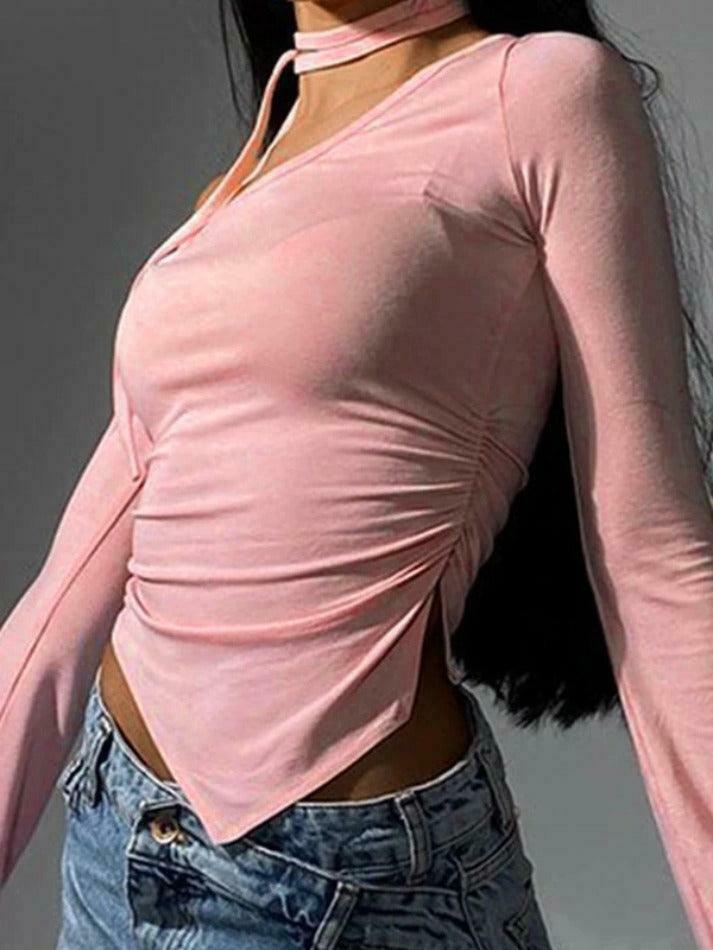 Y2K Aesthetic Slanted Neck Ruched Irregular Hem Long Sleeve Tee - Coquette Fashion Y2K Aesthetic Slanted Neck Ruched Irregular Hem Long Sleeve Tee - Coquette Fashion
