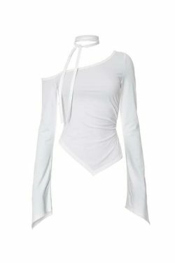 Y2K Aesthetic Slanted Neck Ruched Irregular Hem Long Sleeve Tee - Coquette Fashion